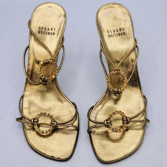STUART WEITZMAN Gold Leather Rhinestones Ice Rink Open Toe Strappy Heels Size 7M - Picture 1 of 16